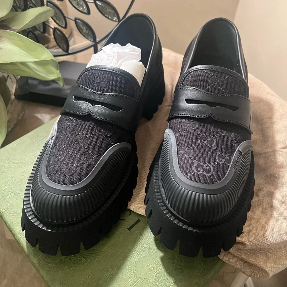 Gucci Black Monogram Men's Slip-On Loafers
